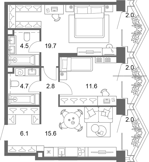3-комн., 65.1 м², 6/13 этаж, ЖК «ОМ Ботанический»