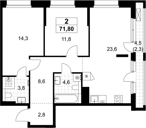 3-комн., 69.5 м², 11/15 этаж, ЖК «Хольм»