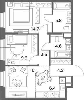 3-комн., 60.2 м², 4/4 этаж, ЖК «Станиславский»