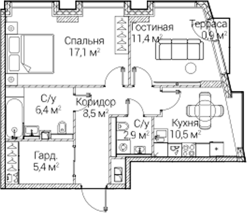 2-комн., 61.69 м², 20/41 этаж, ЖК «СЕЗАР БУДУЩЕЕ»