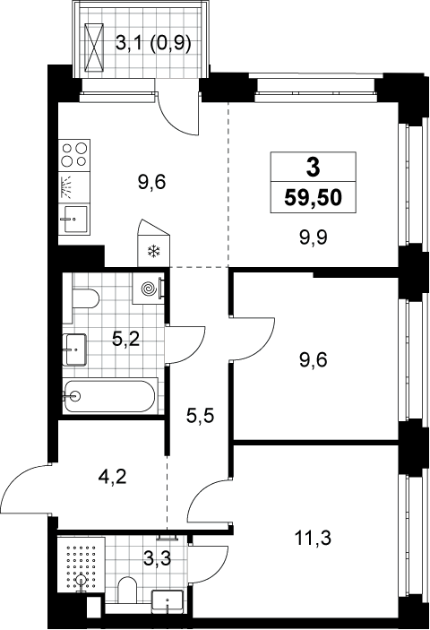 3-комн., 58.6 м², 8/13 этаж, ЖК «Хольм»