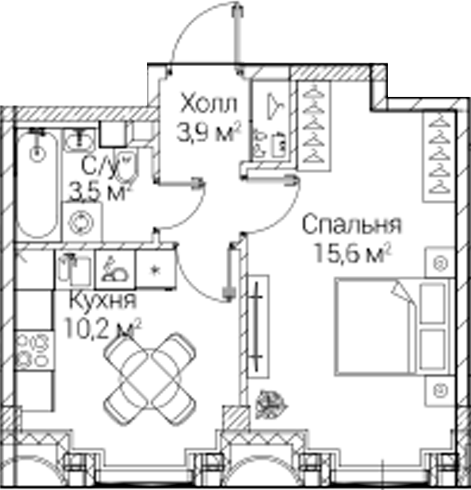 1-комн., 33.2 м², 2/6 этаж, ЖК «СЕЗАР БУДУЩЕЕ»