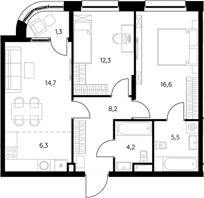 3-комн., 68.2 м², 34/43 этаж, ЖК «Адмирал»
