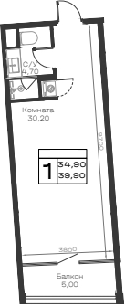 Студия, 34.9 м², 6/9 этаж, ЖК «Хако»