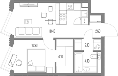 1-комн., 41.6 м², 26/54 этаж, ЖК «Северный Порт»