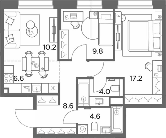 3-комн., 61 м², 3/6 этаж, ЖК «Станиславский»