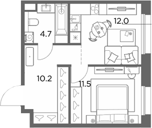 1-комн., 38.4 м², 4/6 этаж, ЖК «Станиславский»