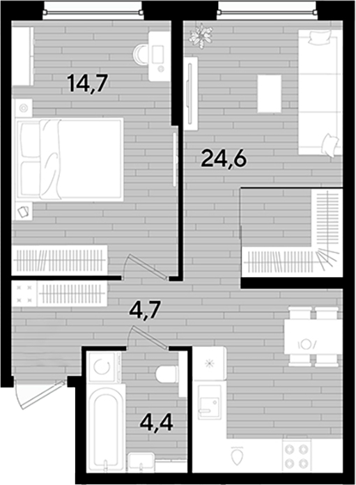 1-комн., 48.4 м², 2/16 этаж, ЖК «DОГМА ПАРК»