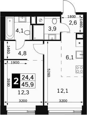 2-комн., 45.9 м², 15/40 этаж, ЖК «Амбер Сити»