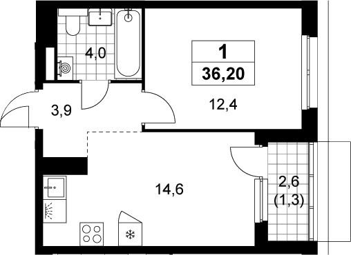 1-комн., 34.9 м², 11/15 этаж, ЖК «Деснаречье»