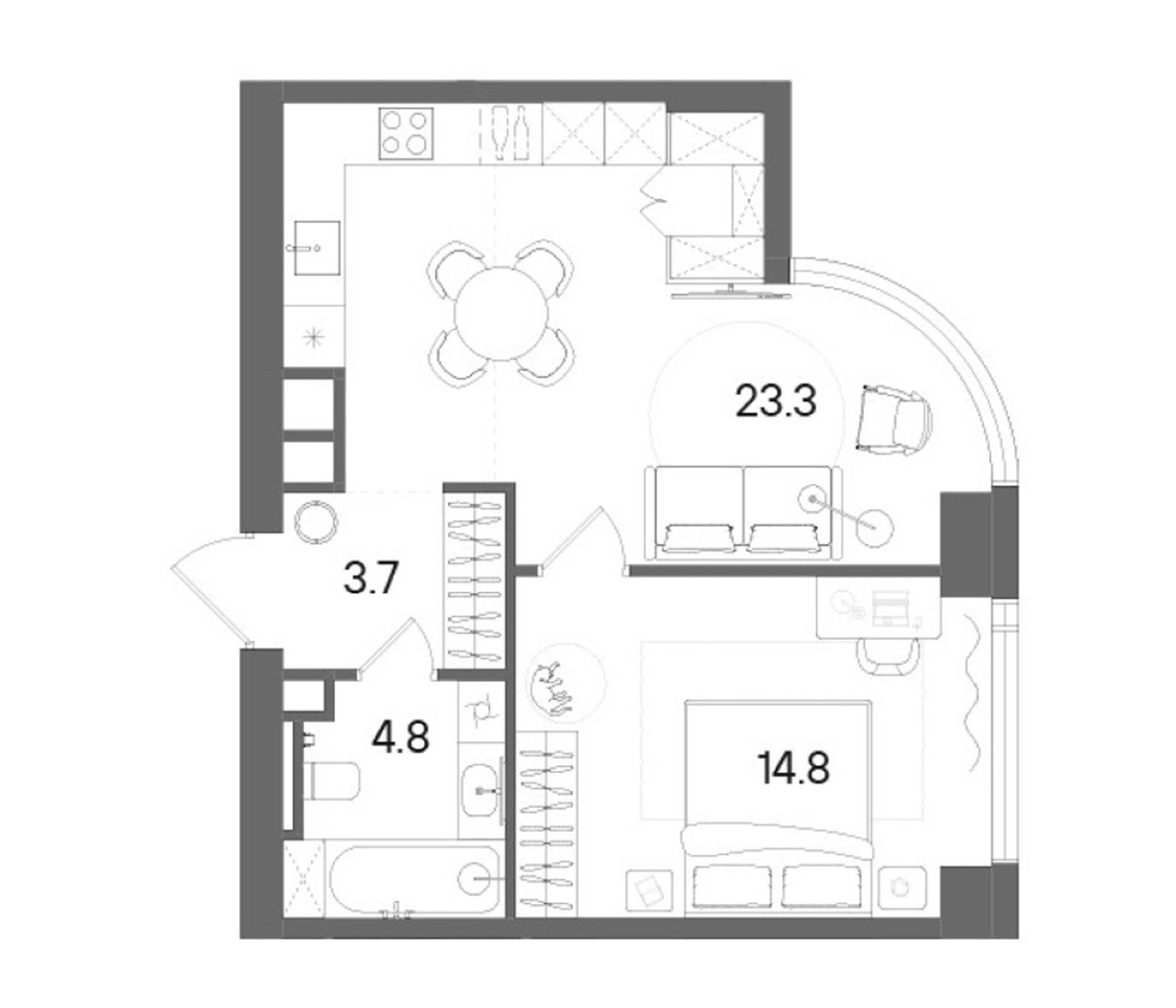 2-комн., 46.6 м², 42/50 этаж, ЖК «СТОУН Блик»