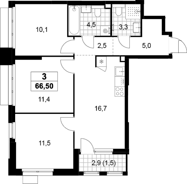 3-комн., 65 м², 3/22 этаж, ЖК «Деснаречье»