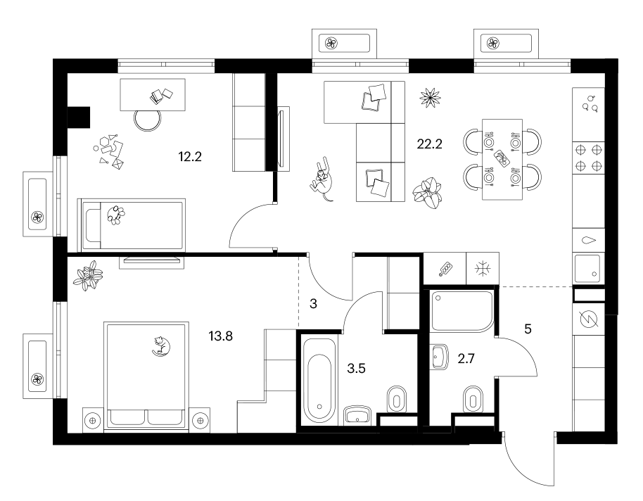 2-комн., 62.4 м², 18/25 этаж, ЖК «Ярославский»