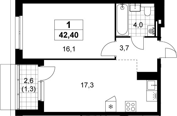 2-комн., 41.1 м², 11/15 этаж, ЖК «Деснаречье»
