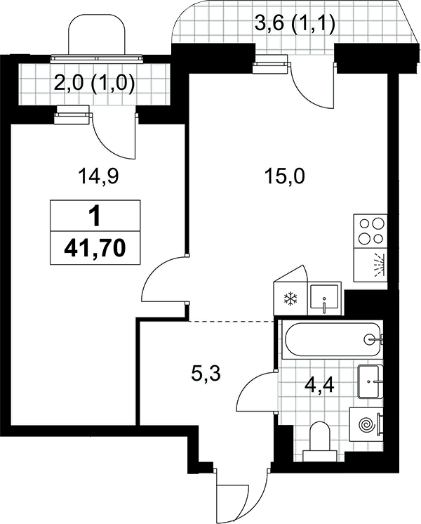 2-комн., 39.6 м², 7/10 этаж, ЖК «Прокшино»