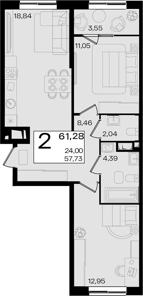 2-комн. квартира, 57.73 м² в ЖК Патрики — фото 2