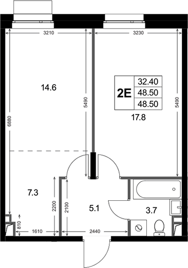 2-комн., 48.5 м², 1/3 этаж, ЖК «Кореневский Форт 2.3»