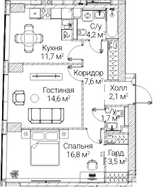 2-комн., 61.65 м², 18/60 этаж, ЖК «СЕЗАР БУДУЩЕЕ»