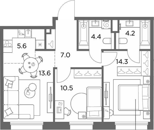 3-комн., 59.6 м², 5/6 этаж, ЖК «Станиславский»