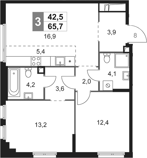 3-комн., 65.7 м², 17/27 этаж, ЖК «Сидней Сити»