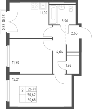 2-комн., 50.42 м², 8/12 этаж, ЖК «Егорово парк»