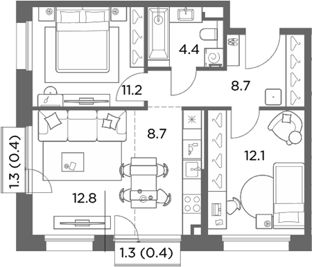 3-комн., 57.9 м², 6/6 этаж, ЖК «Станиславский»