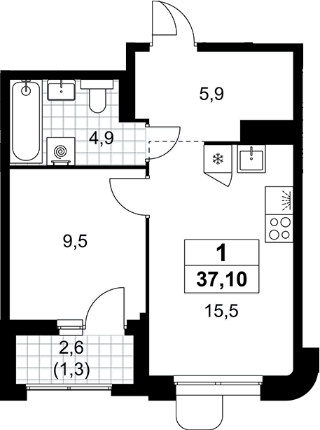 2-комн., 35.8 м², 14/16 этаж, ЖК «Прокшино»
