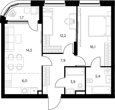 3-комн., 66.7 м², 12/43 этаж, ЖК «Адмирал»