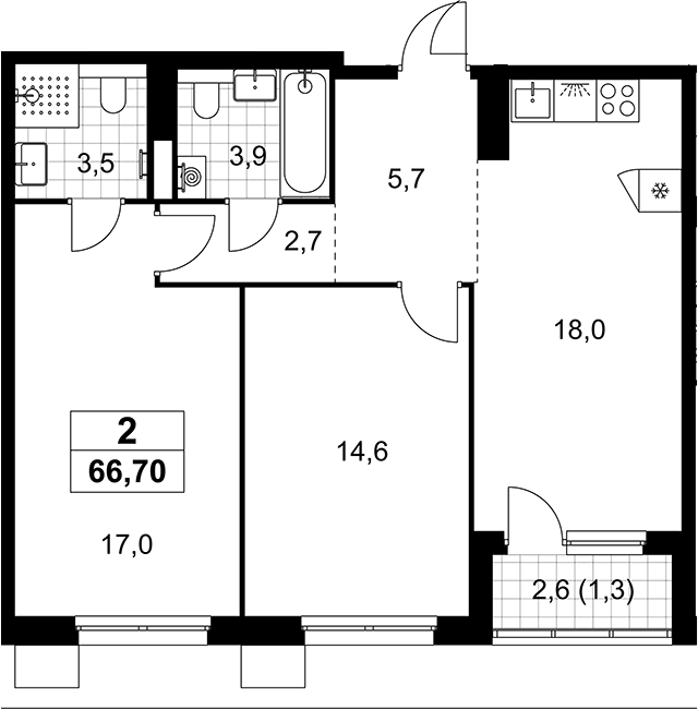 3-комн., 65.4 м², 16/17 этаж, ЖК «Деснаречье»