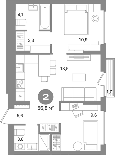 2-комн., 55.8 м², 3/8 этаж, ЖК «Первый квартал. Вторая очередь»