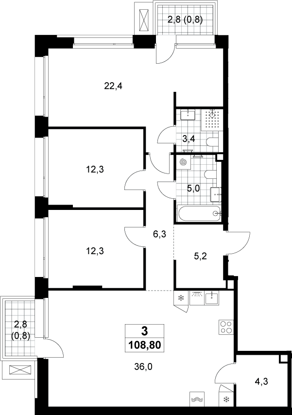 4+ комнаты, 107.2 м², 2/8 этаж, ЖК «Хольм»