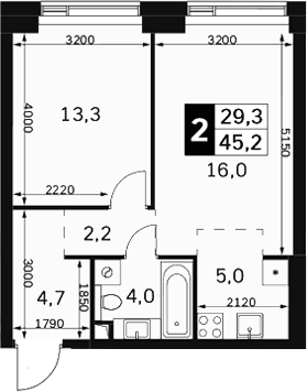 2-комн., 45.2 м², 11/40 этаж, ЖК «Амбер Сити»