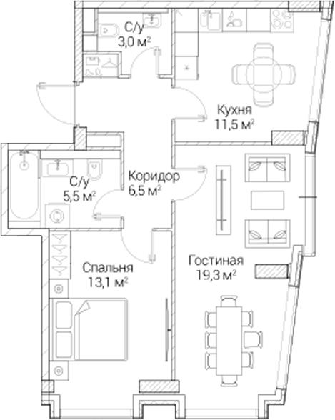2-комн., 58.61 м², 2/6 этаж, ЖК «СЕЗАР БУДУЩЕЕ»