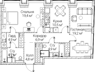 2-комн., 75.56 м², 50/60 этаж, ЖК «СЕЗАР БУДУЩЕЕ»
