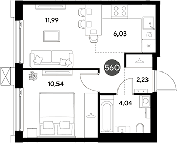 2-комн., 34.83 м², 14/23 этаж, ЖК «ЭВО»