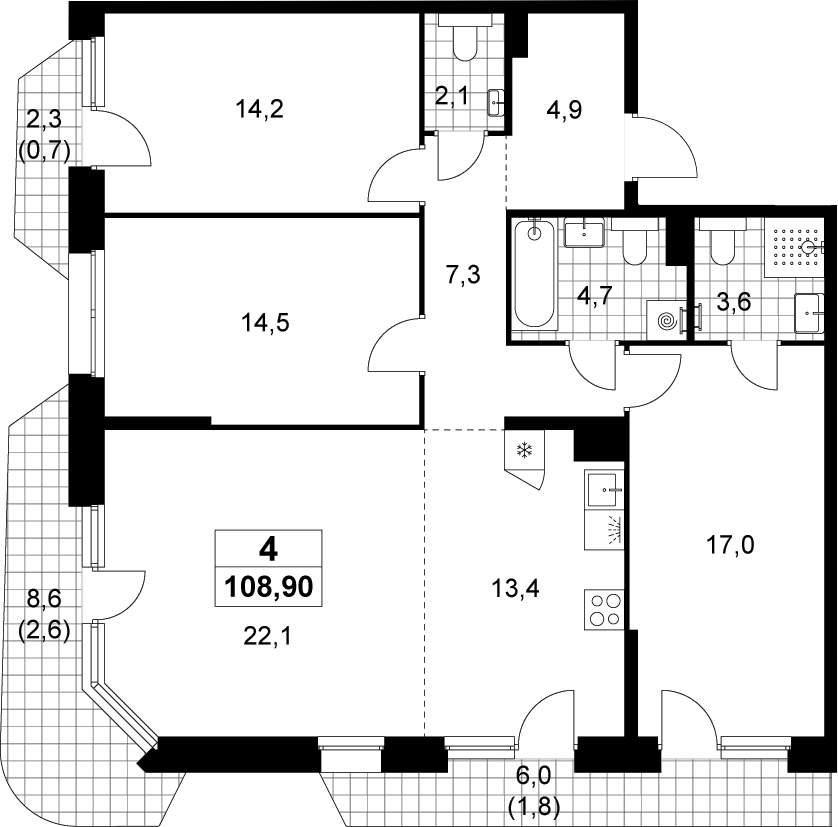4+ комнаты, 103.8 м², 6/14 этаж, ЖК «Прокшино»