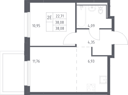 2-комн., 38.08 м², 8/13 этаж, ЖК «Прибрежный Парк»
