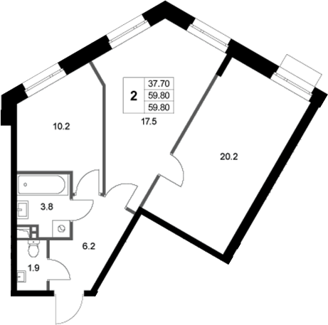2-комн., 59.8 м², 1/3 этаж, ЖК «Кореневский Форт 2.3»