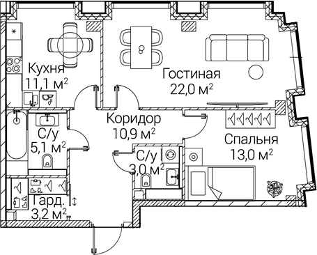 2-комн., 68.3 м², 3/12 этаж, ЖК «СЕЗАР БУДУЩЕЕ»