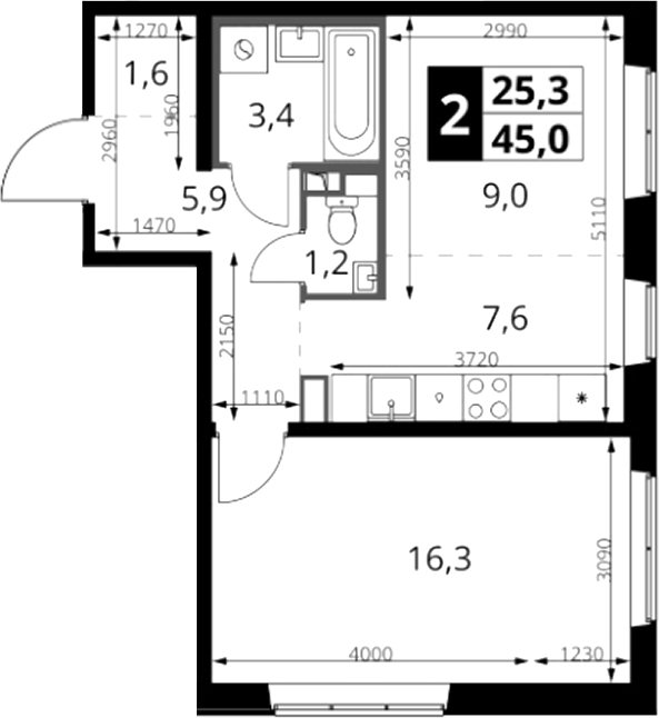 2-комн., 45 м², 2/24 этаж, ЖК «1-й Южный»