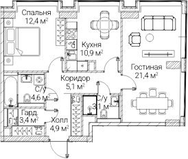 2-комн., 65.66 м², 31/60 этаж, ЖК «СЕЗАР БУДУЩЕЕ»