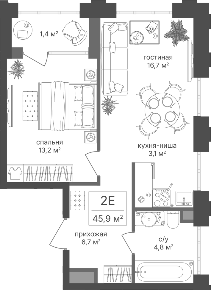 2-комн., 44.5 м², 7/18 этаж, ЖК «Михалковский»