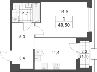 1-комн., 39.4 м², 12/23 этаж, ЖК «Южные сады»