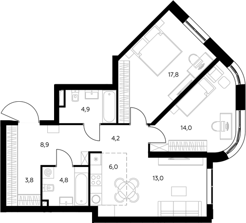 3-комн., 80.1 м², 15/43 этаж, ЖК «Адмирал»