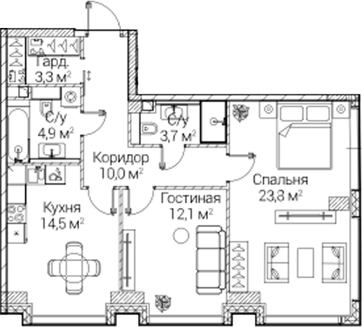 2-комн., 72.47 м², 19/41 этаж, ЖК «СЕЗАР БУДУЩЕЕ»