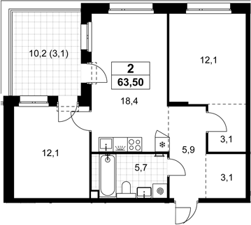 3-комн., 60.4 м², 6/8 этаж, ЖК «Хольм»