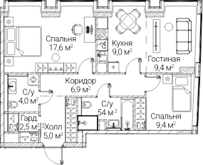 3-комн., 69.2 м², 58/60 этаж, ЖК «СЕЗАР БУДУЩЕЕ»