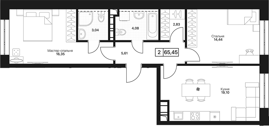 2-комн., 65.45 м², 8/17 этаж, ЖК «Пушкино Град»