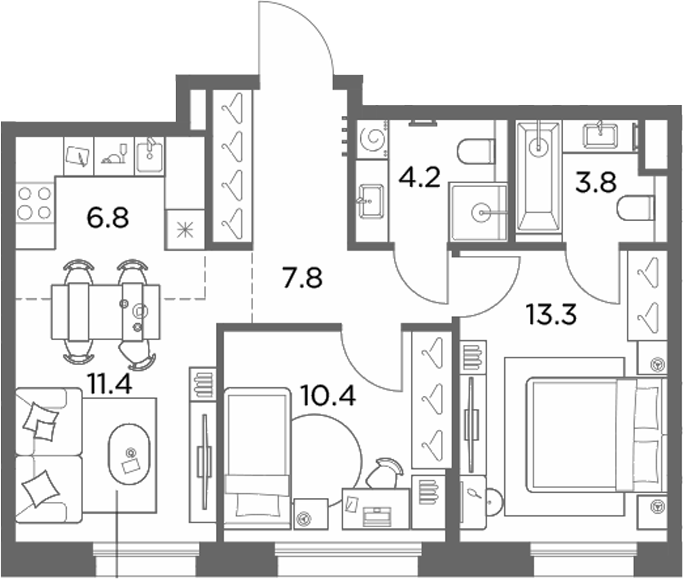 3-комн., 57.7 м², 2/6 этаж, ЖК «Станиславский»