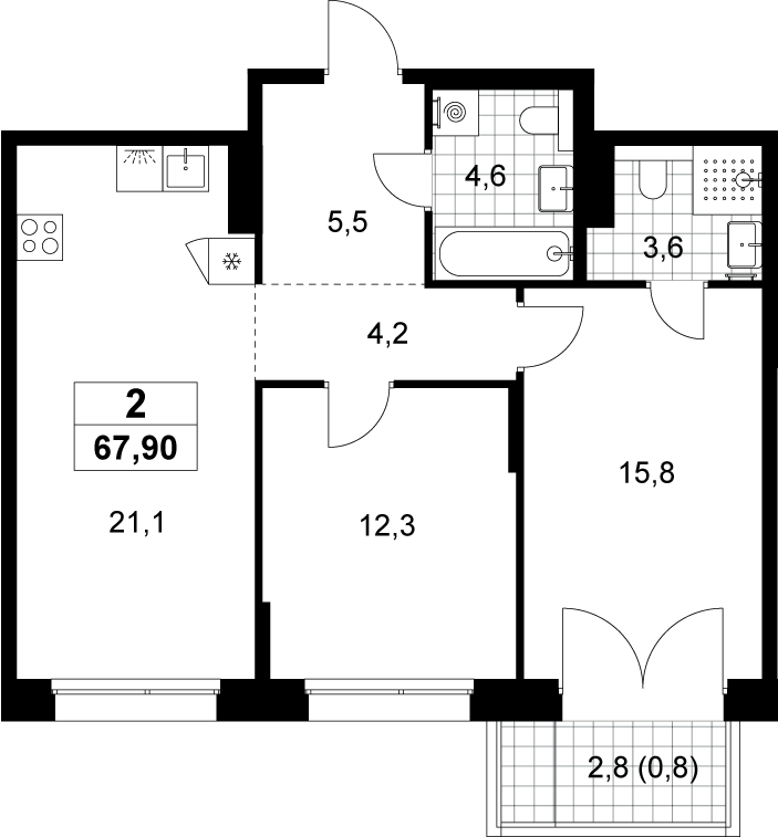 3-комн., 67.1 м², 11/15 этаж, ЖК «Хольм»
